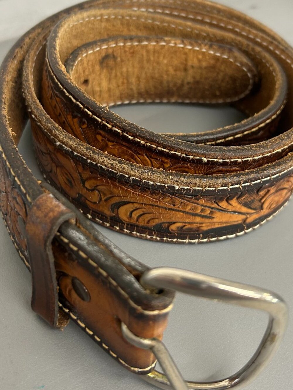 Western Leather Belt with Tooled Floral Design 51" Long plus buckle